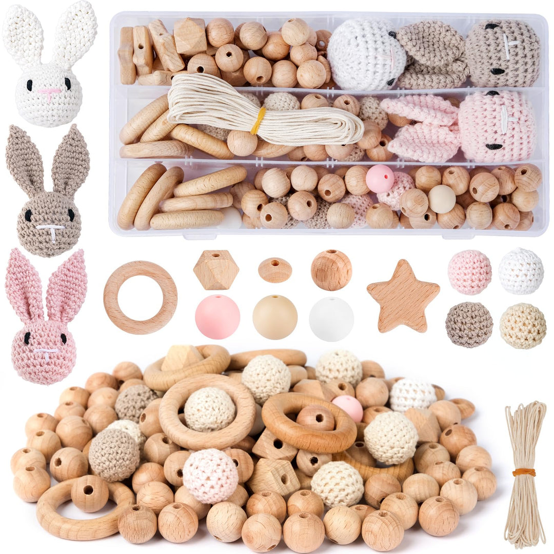 ARTREE Holzperlen und Ringe Set, 113 Stück Buche Runde Holzperlen mit Fädelloch, Makramee Perlen DIY