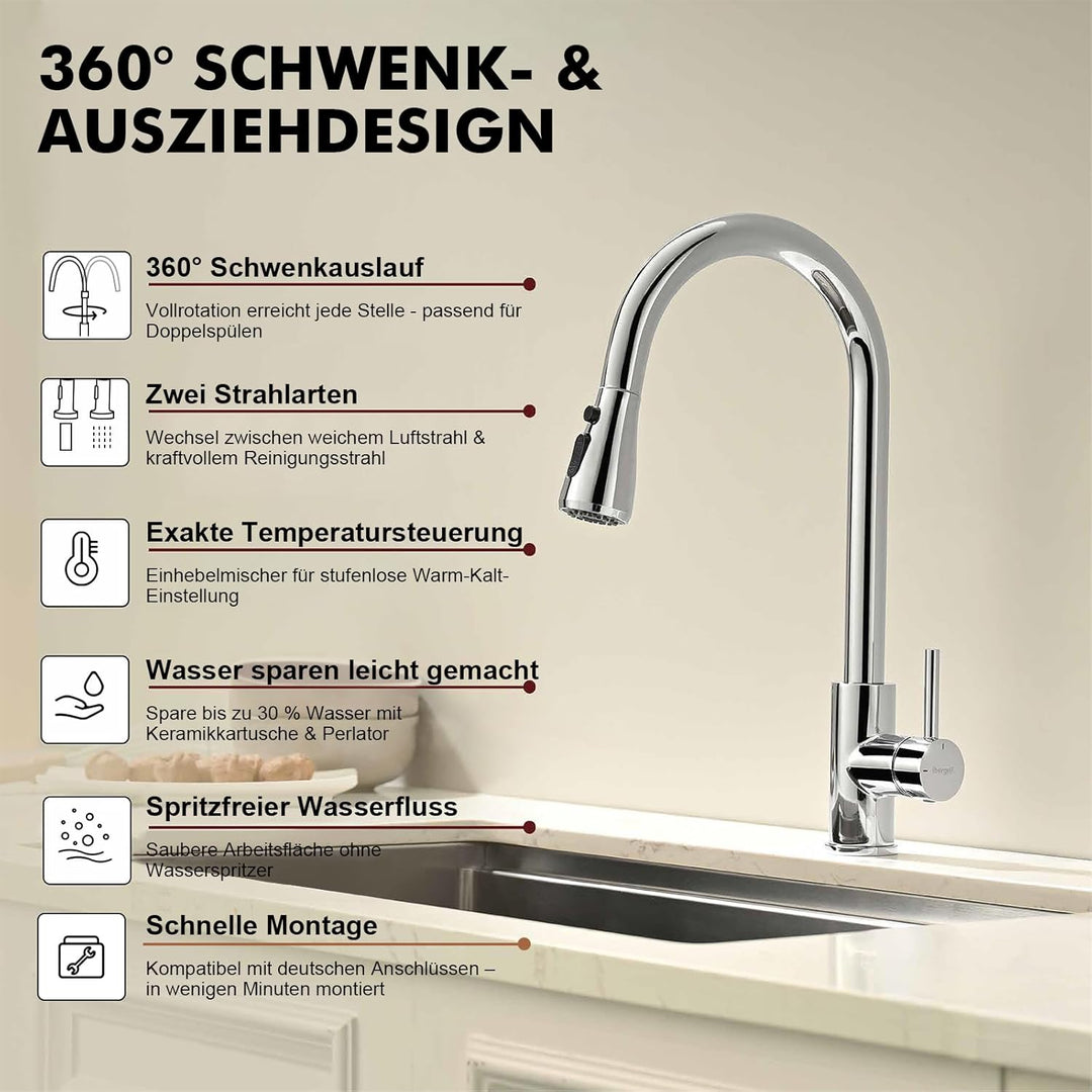 Ibergrif M22136 Wasserhahn Küche Ausziehbar Mischbatterie- Küchenarmatur Edelstahl 360° Schwenkbar,