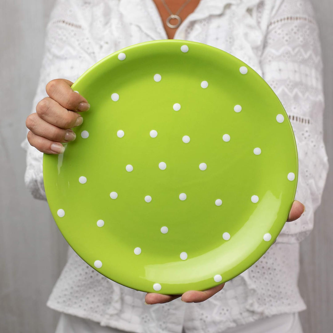 City to Cottage® - Keramik Teller 25.5 cm | Grün und Weiss | Polka Dots | Handgemacht | Grosser Spei