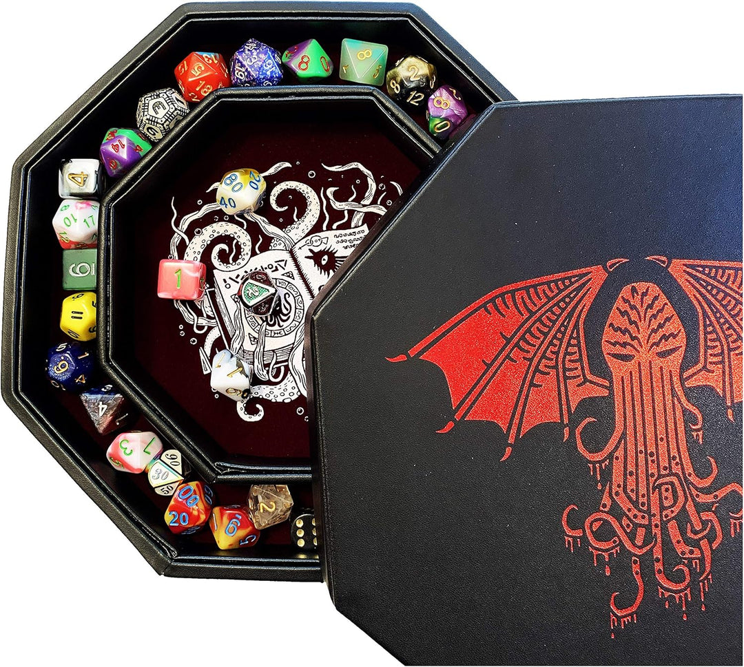 Fantasydice-Cthulhu Tome-RED- Dice Storage and Rolling Tray - 20CM Octagon with Lid and Dice Staging