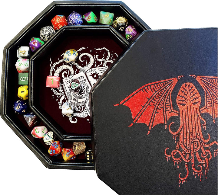 Fantasydice-Cthulhu Tome-RED- Dice Storage and Rolling Tray - 20CM Octagon with Lid and Dice Staging
