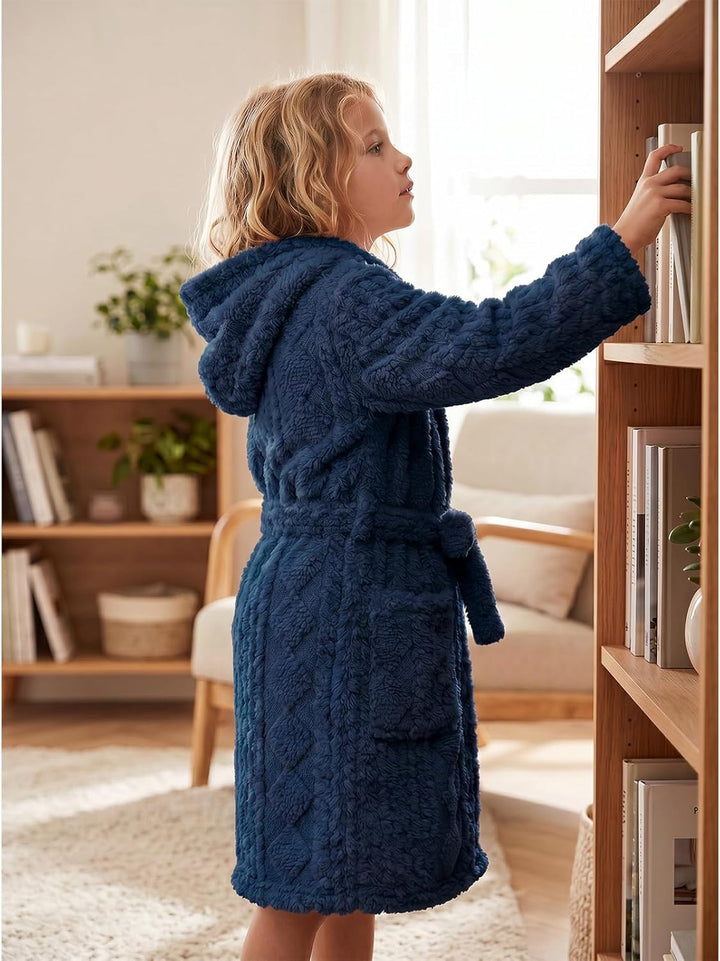 JiAmy Kinder Bademantel mit Kapuze Fleece Morgenmantel für Jungen Mädchen Navyblau 10-12 Jahre, Navy