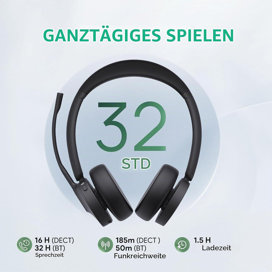Yealink WH64 Wireless Headset mit Mikrofon,185 m Reichweite DECT &amp; Bluetooth Dual Modus Kabelloses H