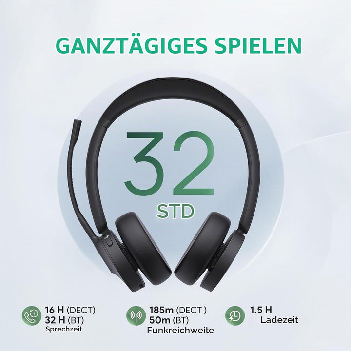 Yealink WH64 Wireless Headset mit Mikrofon,185 m Reichweite DECT &amp; Bluetooth Dual Modus Kabelloses H