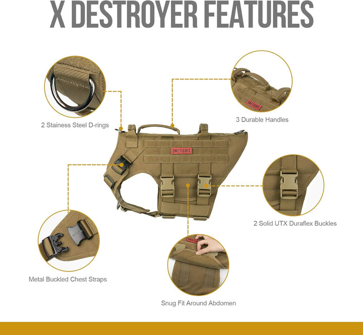 OneTigris Hundegeschirr, X Destroyer Taktisches Geschirr Hund 3 Griffe Heavy Duty Hundeweste mit Met