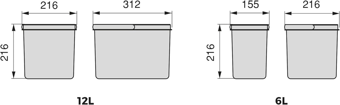 Emuca - Recycle Behälter für Küchenschublade, Höhe 216, 2x12L + 2x6L, Anthrazitgrauer Kunststoff, Ku