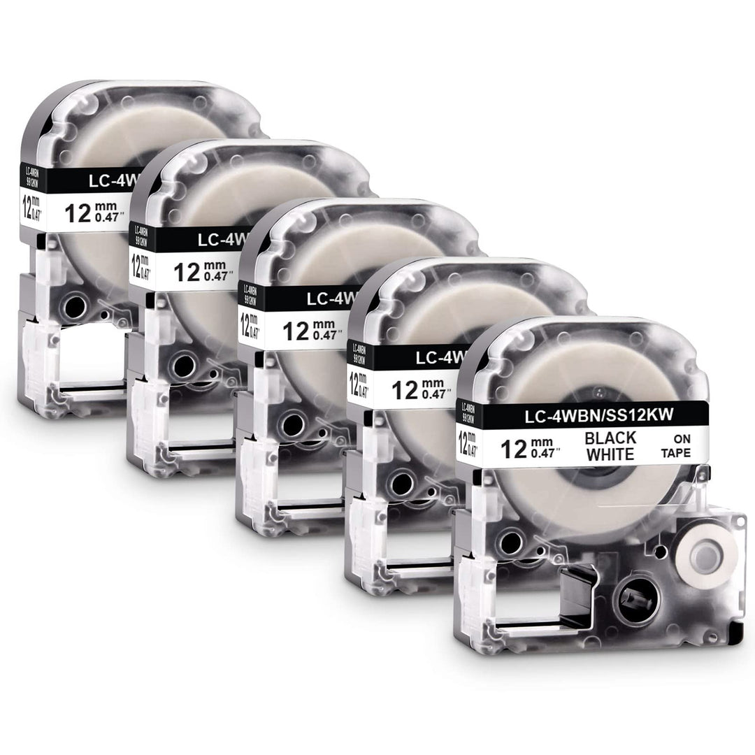 5x Labelwell 12MM Kompatibel Schriftband Ersatz für LC-4WBN9 SS12KW Schwarz auf Weiss Arbeiten für L