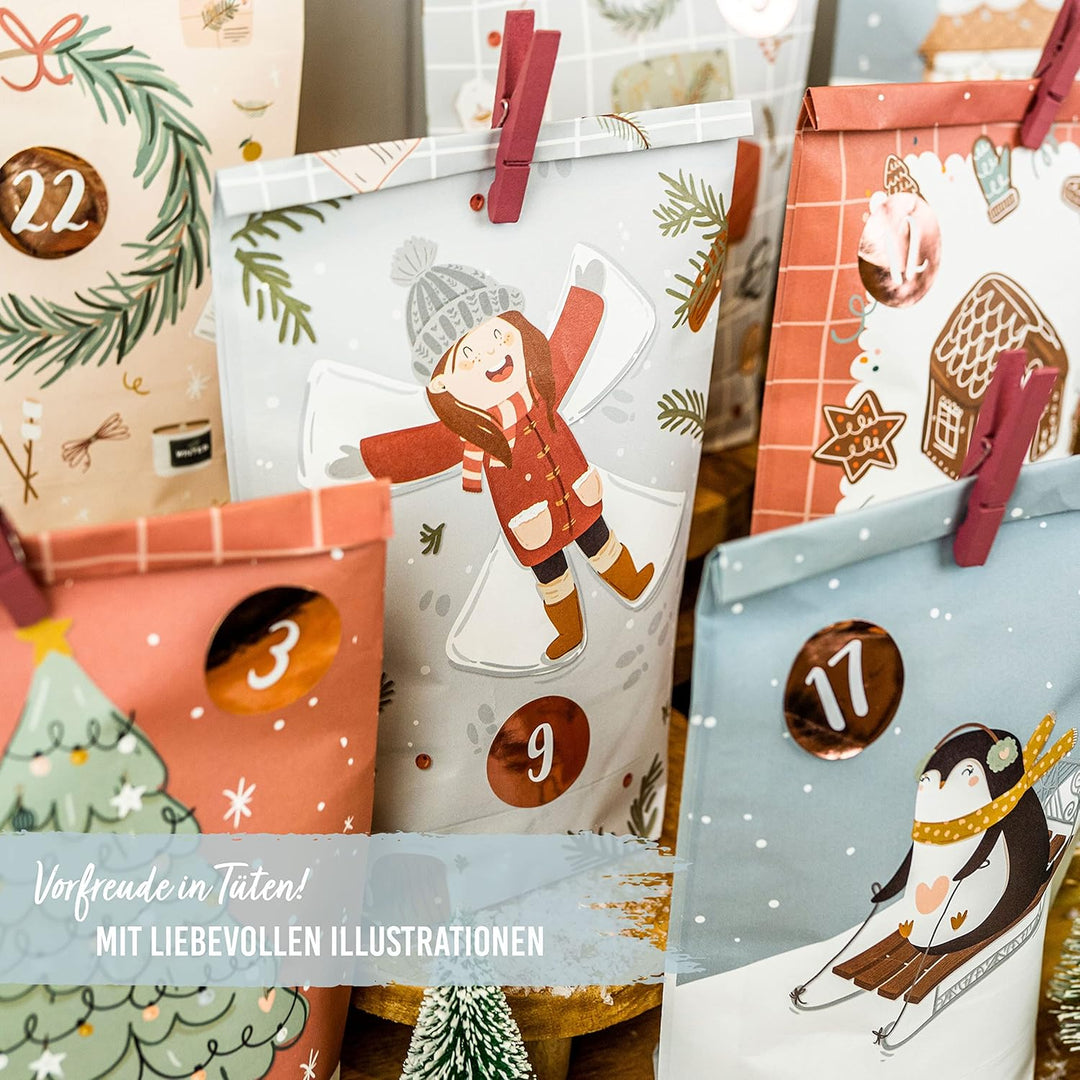 Papierdrachen Adventskalender 2025 zum Befüllen - 24 bedruckte Papiertüten in Eisblau & Rosa mit Zah