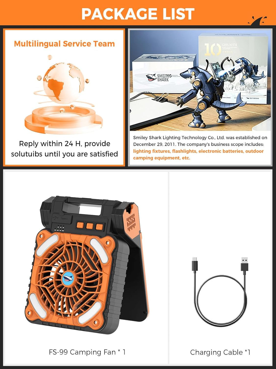 Smiling Shark Camping Ventilator LED, 6000mAh USB Aufladbar Tragbar Zelt Ventilator light 4 Speeds &