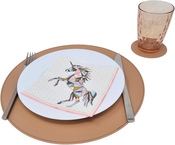 Nikalaz Rund Platzsets und Untersetzer aus recyceltem Leder, 4 Stück Platzdeckchen 33 cm und 4 Unter