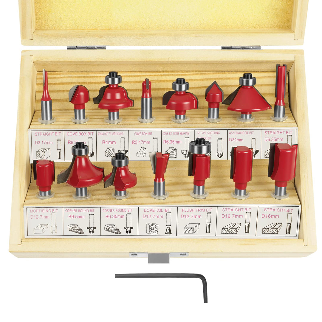 flintronic Fräser-Set, 6.35MM Fräsen Werkzeug Set, 15-tlg Holzkoffer Geschmiedeter Werkzeugstahl Obe