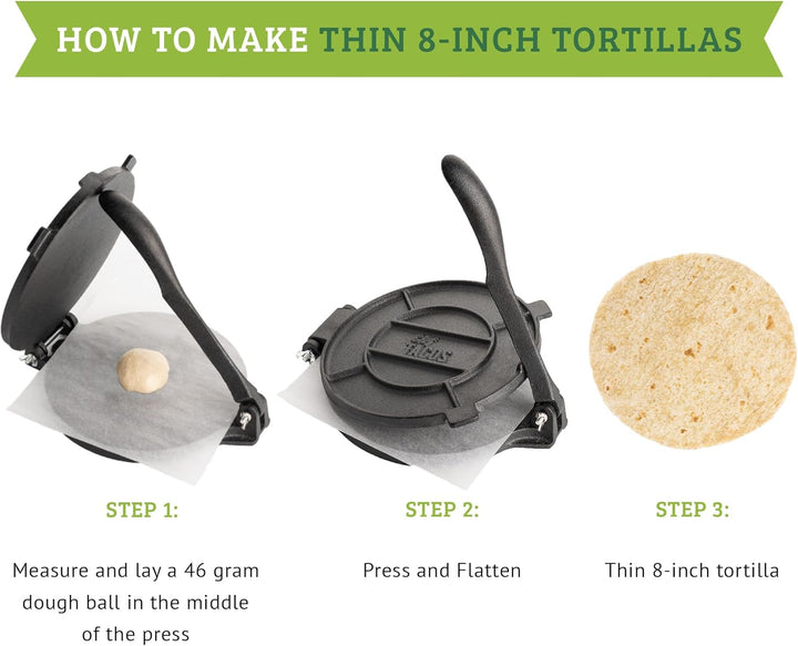 Chef Tacos Authentische Gusseisen-Tortilla-Presse, 20 Zentimeter, vorgewürzter Mais- oder Mehl-Torti