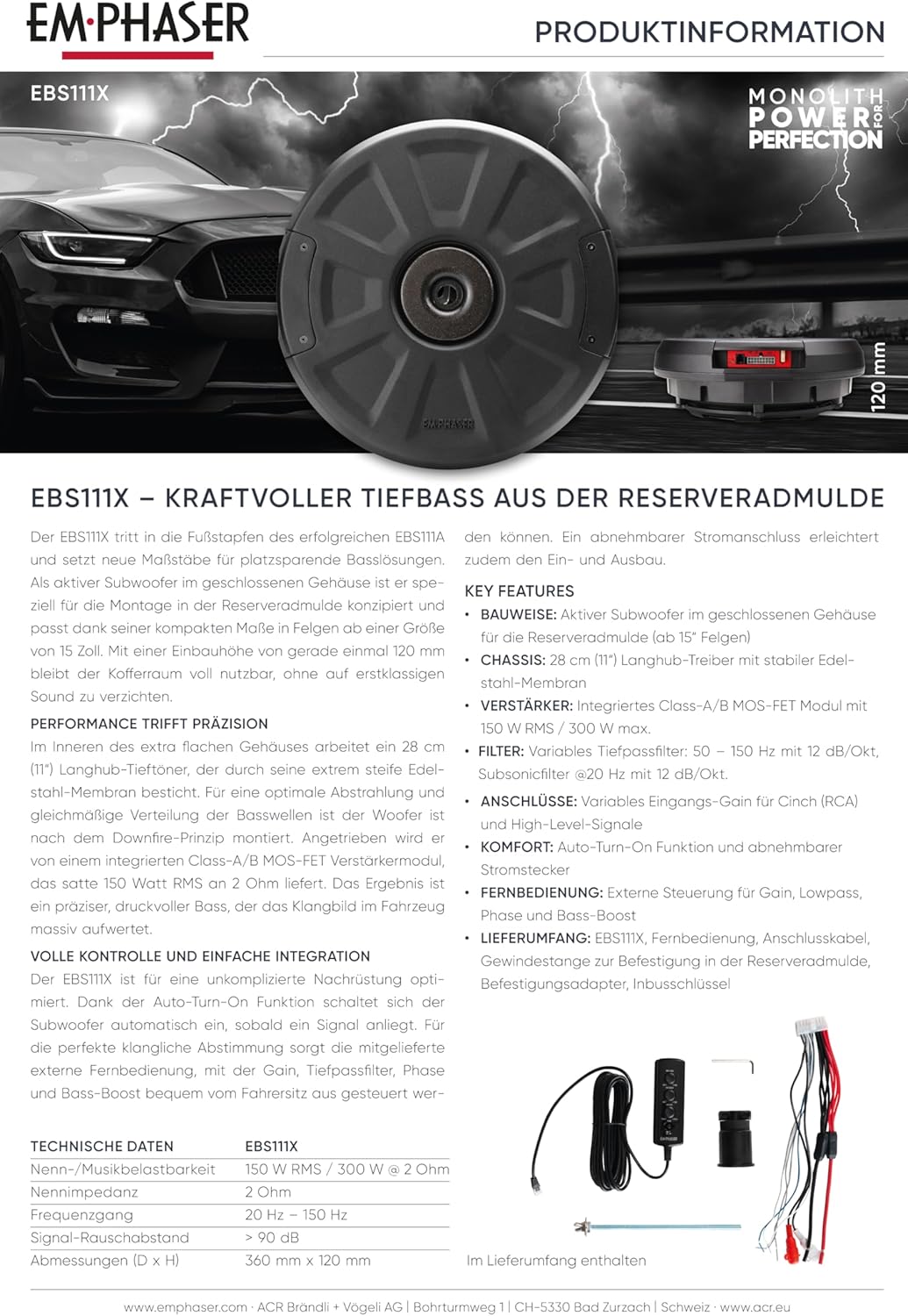 EMPHASER EBS111X – Aktivsubwoofer für Reserveradmulde oder Ersatzrad – 28 cm / 11" Auto Subwoofer mi