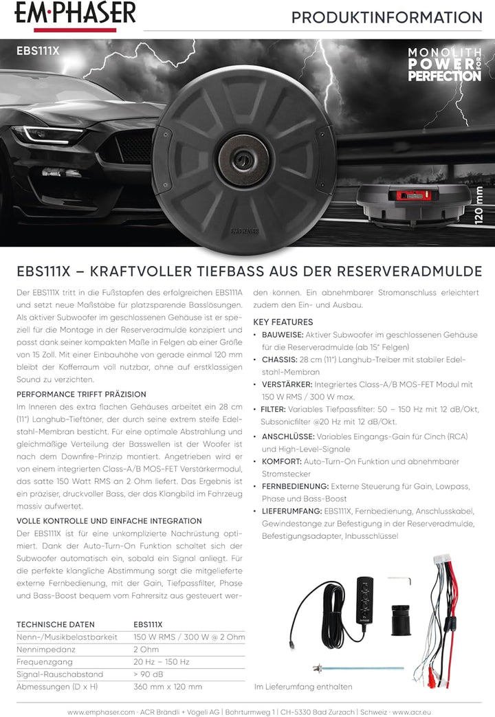 EMPHASER EBS111X – Aktivsubwoofer für Reserveradmulde oder Ersatzrad – 28 cm / 11" Auto Subwoofer mi