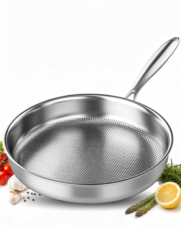 30cm Edelstahlpfanne Induktion, Titan Pfanne, 5-Lagige Konstruktion | Edelstahl 18/10, Fischschuppen