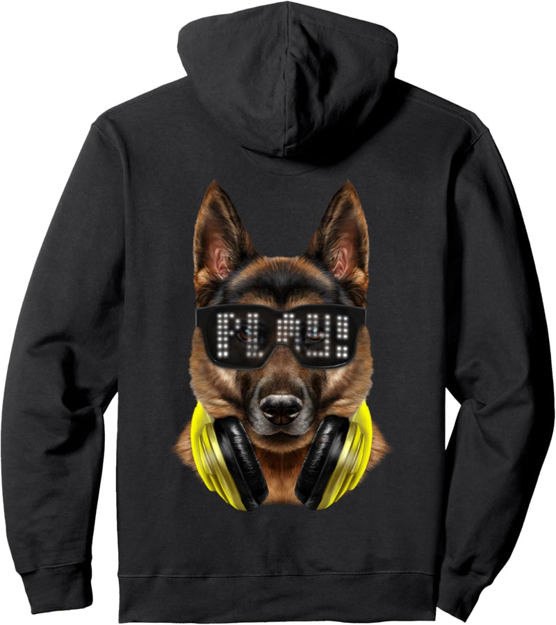 Hund, der Hipster-Sonnenbrille und Kopfhörer trägt Pullover Hoodie