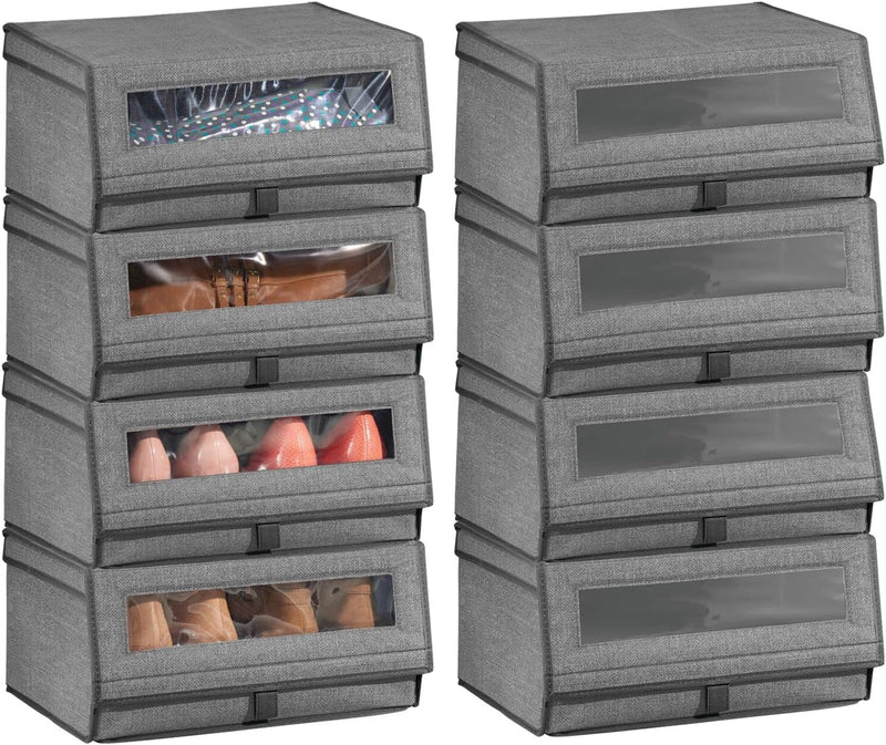 mDesign 8er-Set Schuhaufbewahrung aus Stoff – stapelbare Schuhbox mit Sichtfenster, Klettverschluss