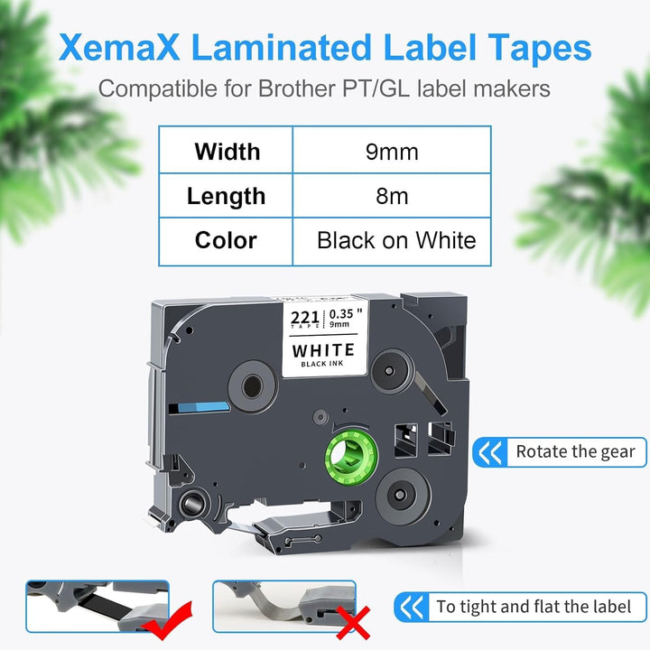 8x XemaX Etikettenband Kompatibel für Brother P-touch Bänder 9mm TZe-221 TZ-221 Schriftbänder Schwar