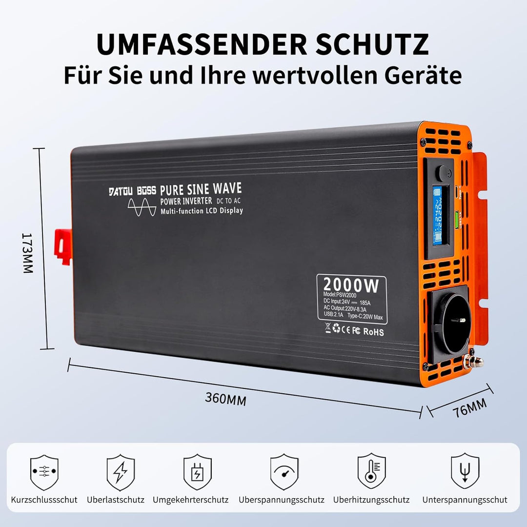 DATOUBOSS 2000W Reiner Sinus Wechselrichter 24V auf 230V (4000W Peak), Spannungswandler mit Funkfern