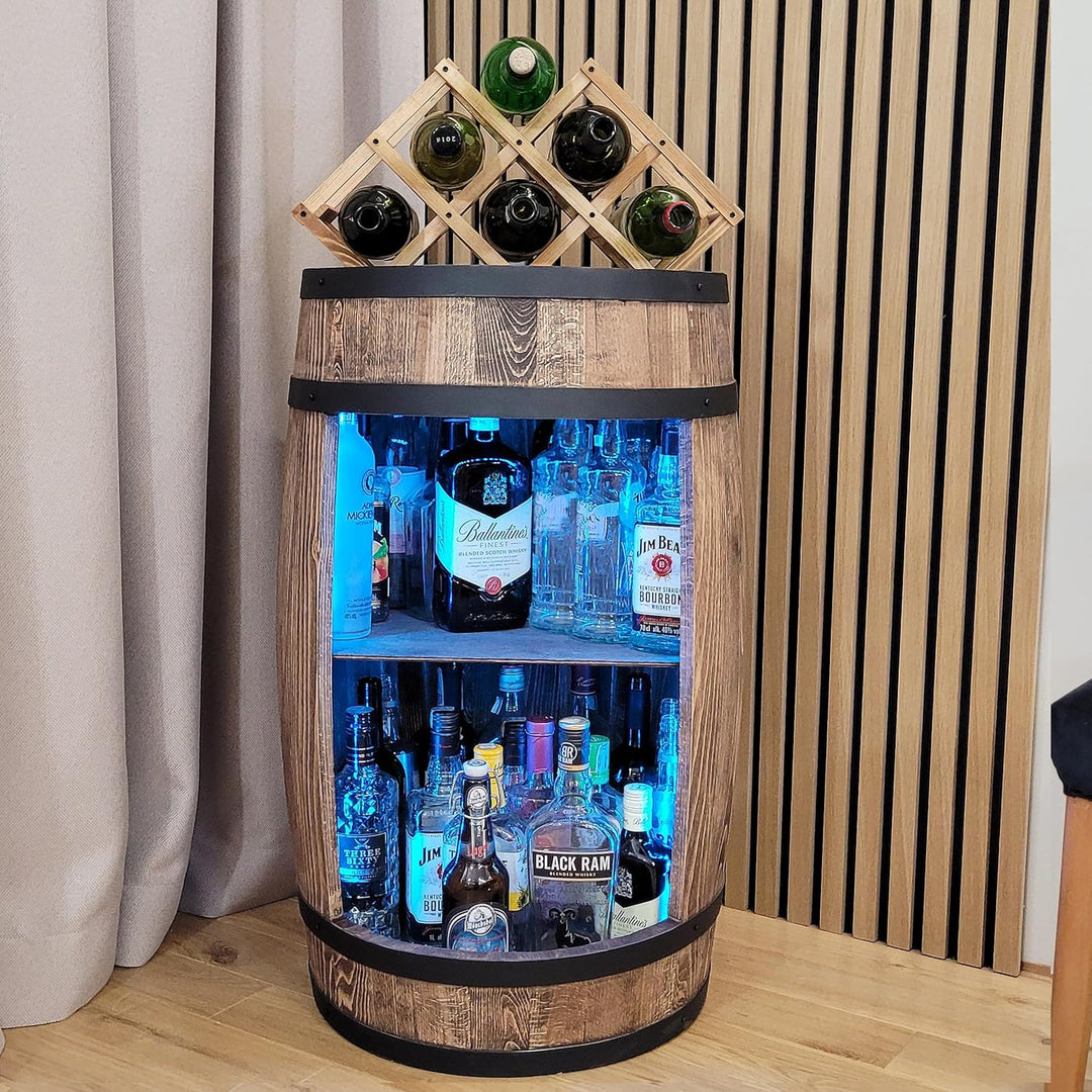 weeco Holzfass mit weinhalter RGB LED Beleuchtung - Weinregal fassbar. Rustikaler deko Barschrank We