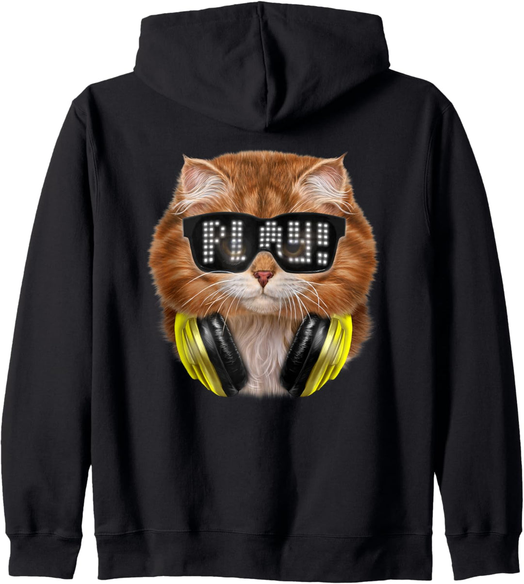 Orange Katze, die Hipster-Sonnenbrille und Kopfhörer trägt Kapuzenjacke