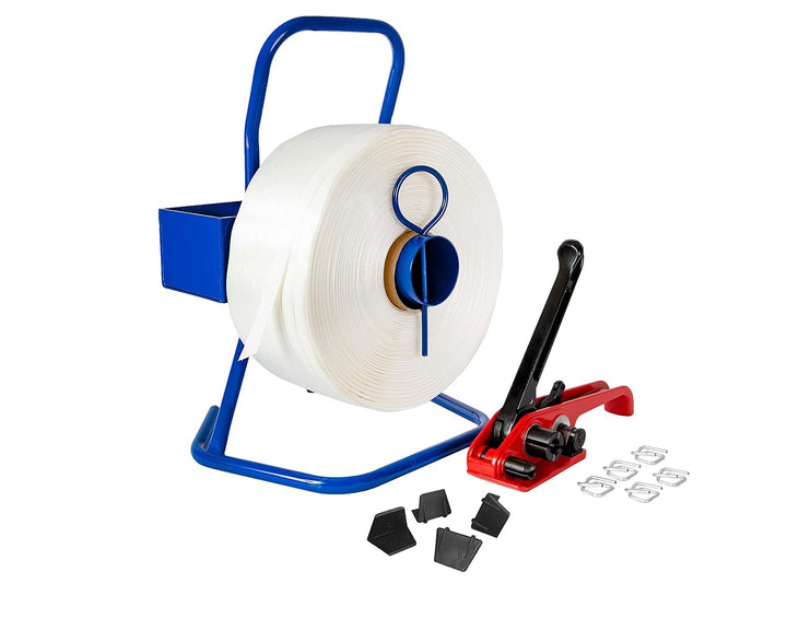 Umreifungsset 16 mm Complet mit Abroller - Spanner - 500 Klemmen und 850mtr Polyesterband und 100 Ka