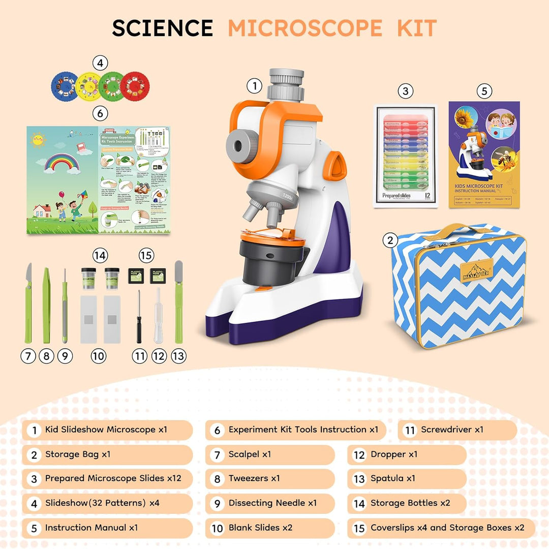 MAXLAPTER Mikroskop für Kinder, 100X-1200X Kinder Mikroskop Kit mit Projektor, Mikroskop Dias Set, L