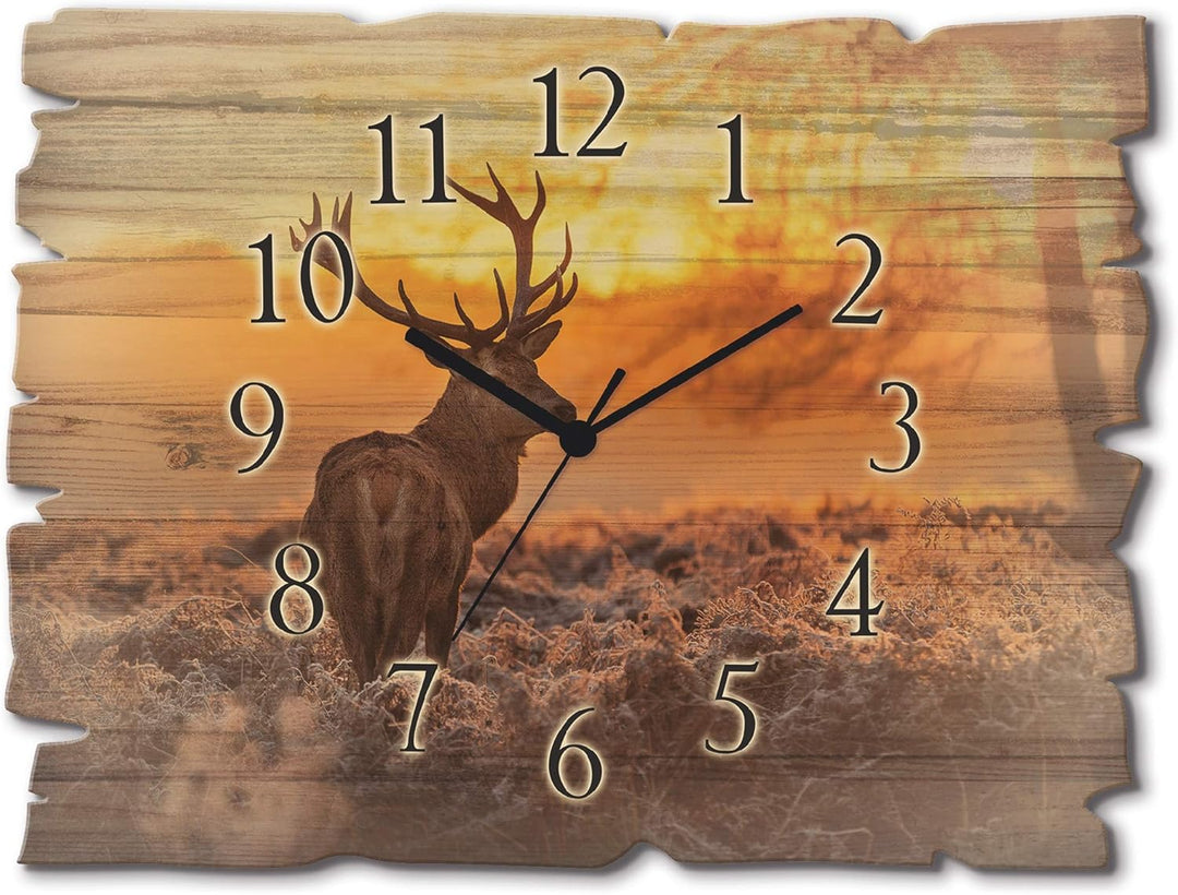 ARTLAND Wanduhr ohne Tickgeräusche aus Holz Quarz Uhr lautlos 40x30 cm Rechteckig Landschaft Hirsch