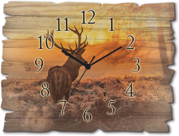 ARTLAND Wanduhr ohne Tickgeräusche aus Holz Quarz Uhr lautlos 40x30 cm Rechteckig Landschaft Hirsch