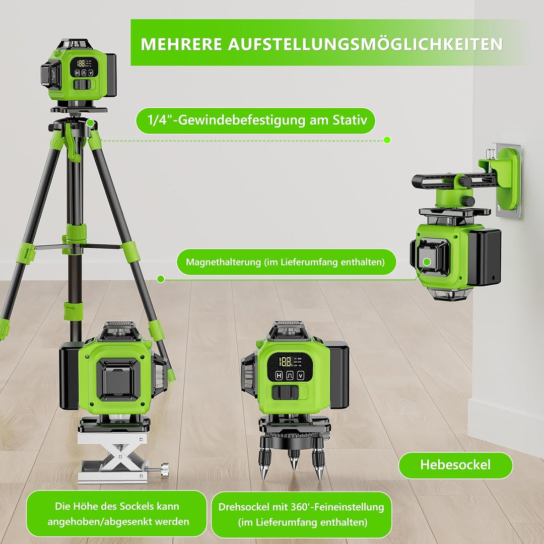 Kreuzlinienlaser Grün 16 Linien Nivellierlaser mit Stativ, 4 x 360 ° Laser wasserwaage, linienlaser