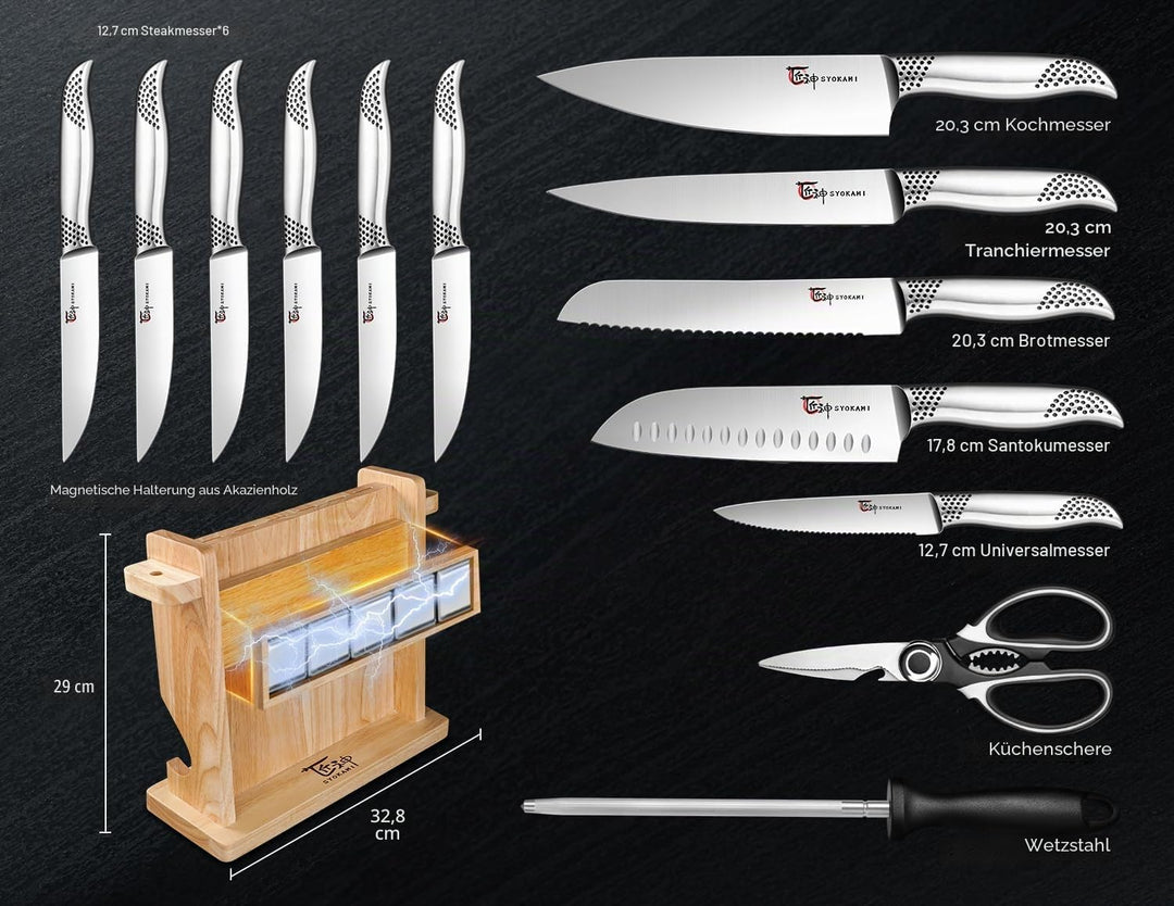 Japanisches Küchenmesser Set, magnetisches Messer Set mit Block und Schärfer, Edelstahl-Messerset al