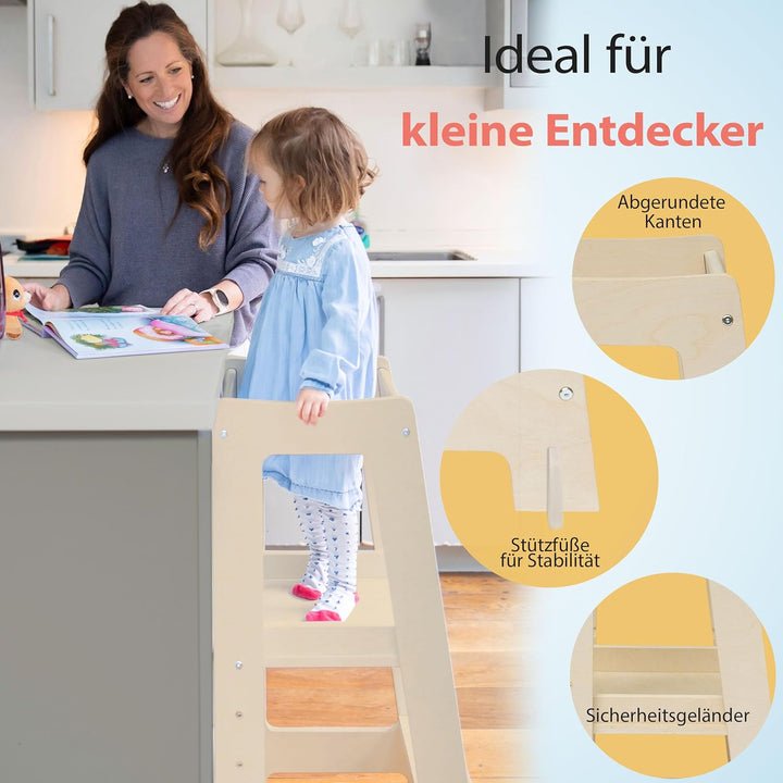 Stepup Baby Montessori Lernturm ab 1 Jahr Höhenverstellbar Tritthocker Kinder mit Sicherheitsgelände