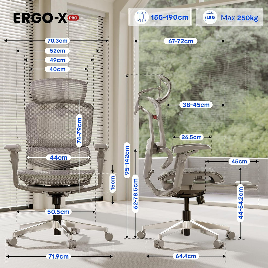 FLEXISPOT ErgoX Pro Ergonomischer Bürostuhl mit Fussstütze ausziehbar, 12-stufiger Höhenverstellung,