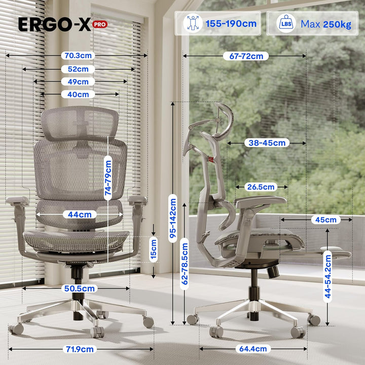 FLEXISPOT ErgoX Pro Ergonomischer Bürostuhl mit Fussstütze ausziehbar, 12-stufiger Höhenverstellung,