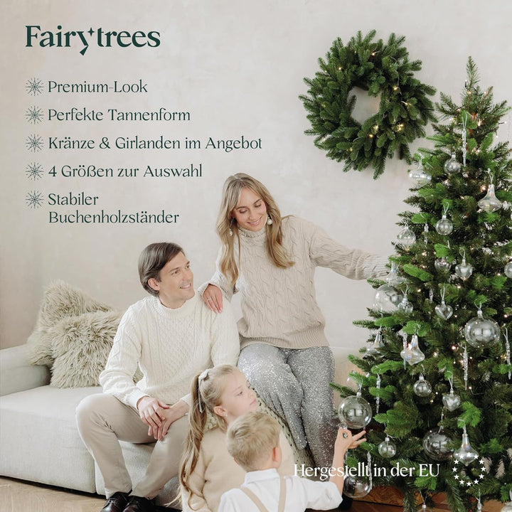 FAIRYTREES Weihnachtsbaum künstlich, Nordmanntanne Premium 180 cm, Naturgetreue Spritzguss Elemente,