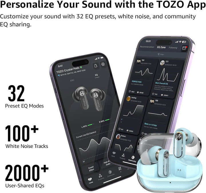 TOZO Crystal Pods Kabellose Bluetooth 5.4 In-Ear Kopfhörer, Hybrid Active Noise Cancelling, Dual-Mik