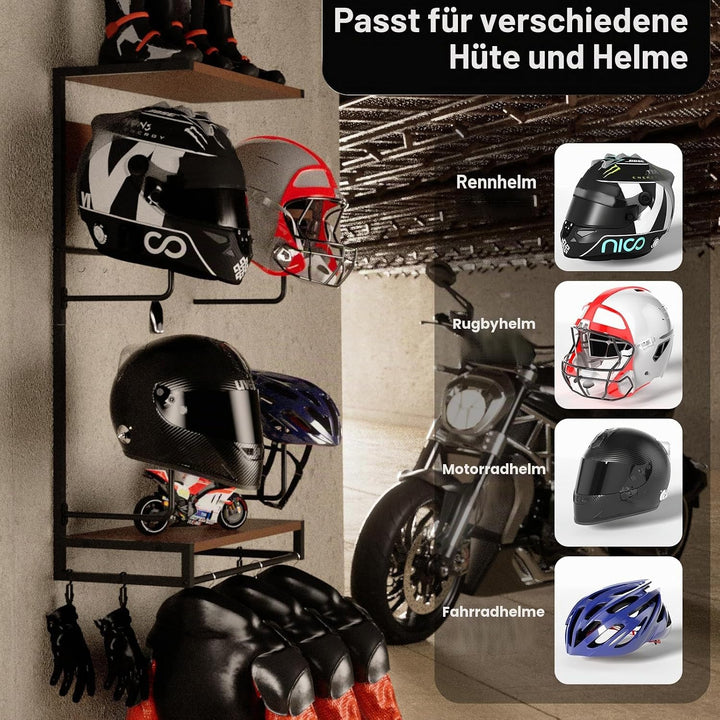 Helm Halterung Wandhalterung, Motorradhelmhalter Plattenständer Display Organizer mit 2 Holzschichtb
