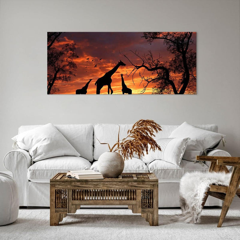 Wandbilder Dekoration Wohnzimmer Giraffe Afrika Sonne Safari Panorama Bilder auf Leinwand 120x50cm L