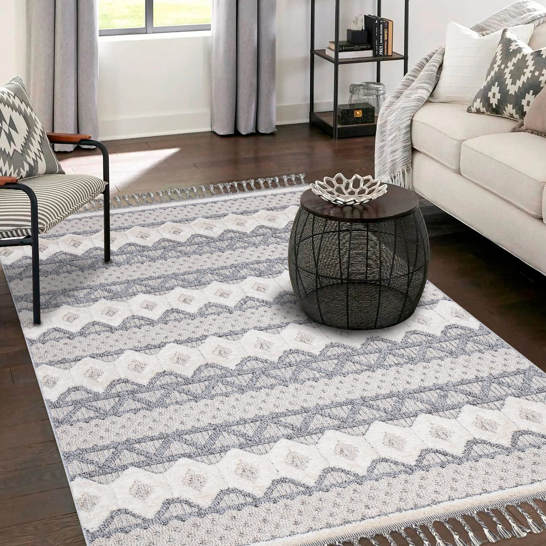 payé Teppich Wohnzimmer - Geometrische Muster - 80x150cm Grau Blau - Fransen Deko Boho Flauschig - C
