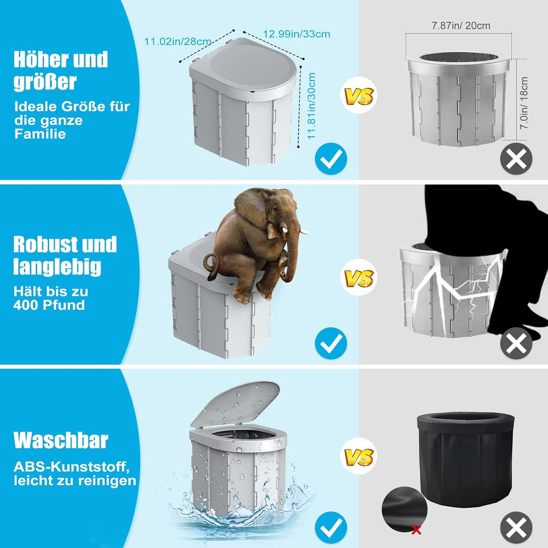 WADEO Tragbare Campingtoilette mit Deckel, 30 cm hohe Mobile Toilette mit 12 Stück Toilettenbeutel,