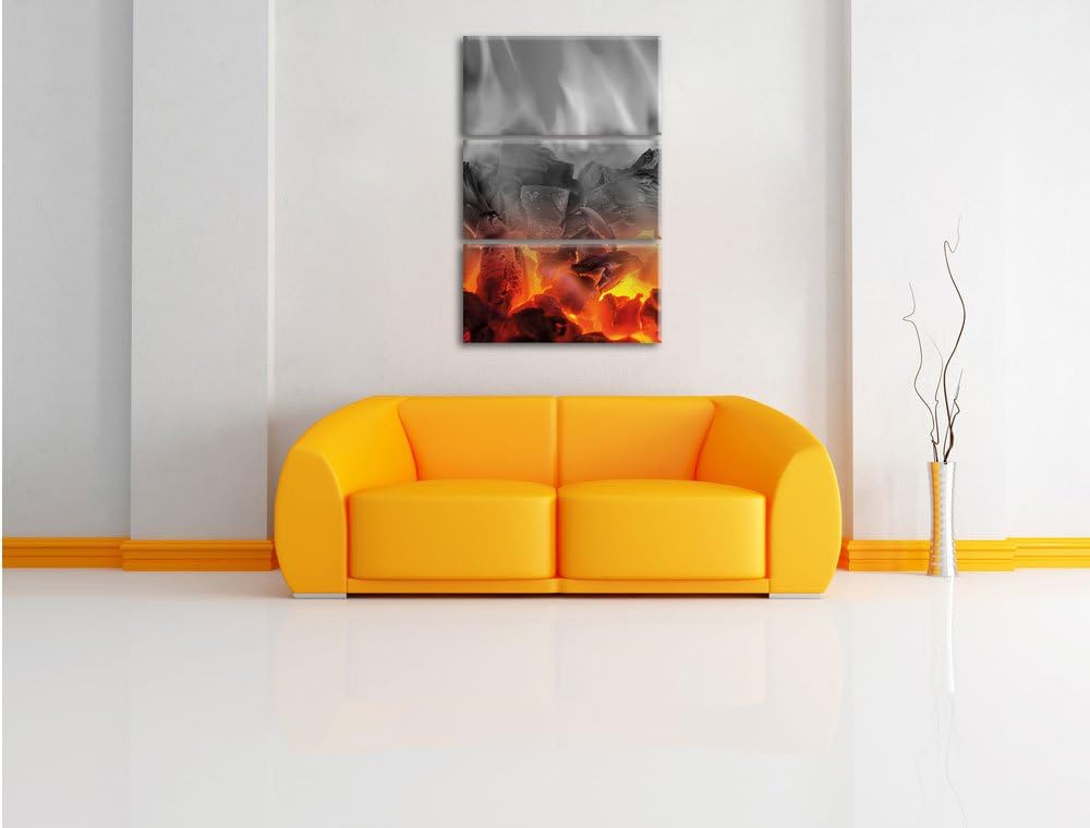 Pixxprint brennende Holzkohle in Kamin als Leinwandbild/Grösse: 3 Teilig (120x80 cm) cm/Wandbild/Kun