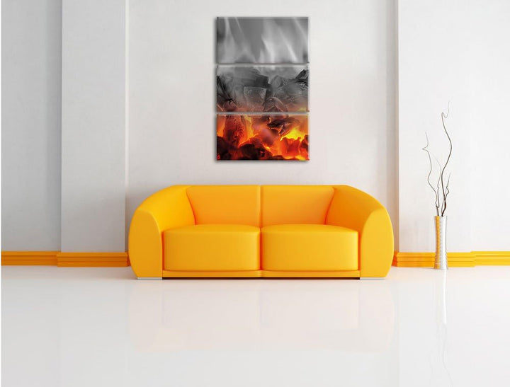 Pixxprint brennende Holzkohle in Kamin als Leinwandbild/Grösse: 3 Teilig (120x80 cm) cm/Wandbild/Kun