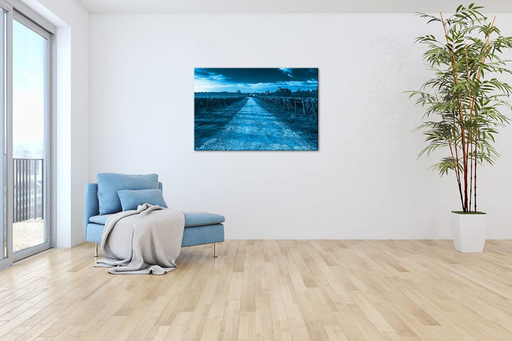 Feldweg in der Toskana Format 80x60 Effekt: Monocrome Blau als Leinwandbild, Motiv fertig gerahmt au