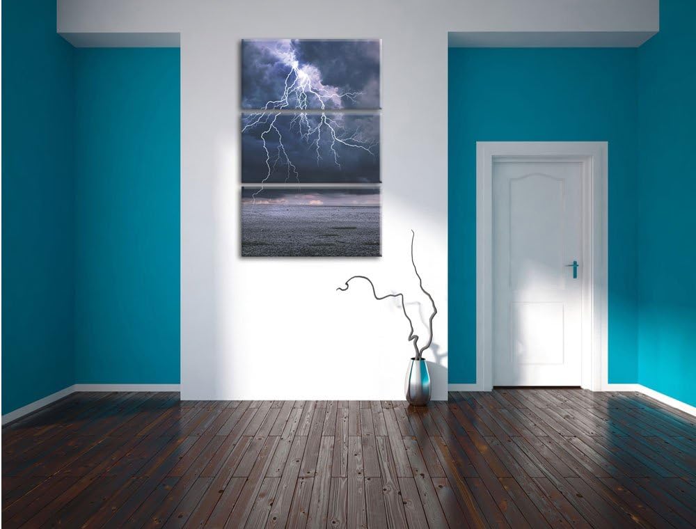 Pixxprint Gewitter über Meer als Leinwandbild | Grösse: 3 Teilig (120x80) | Wandbild| Kunstdruck | f