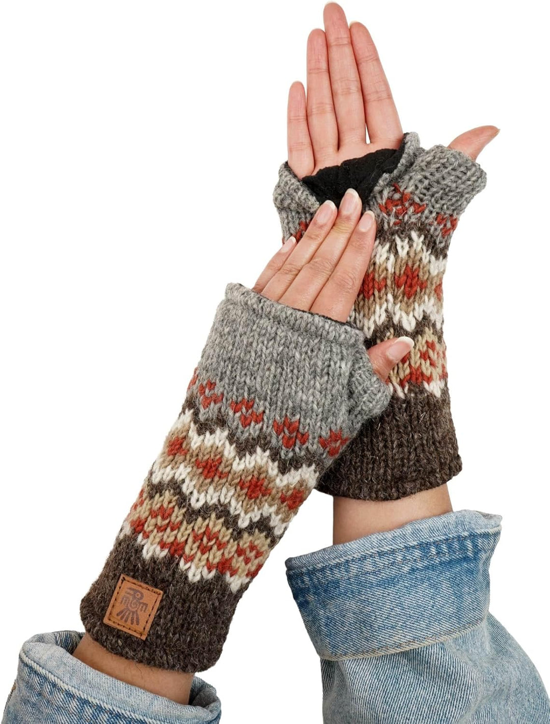 Damen Wolle Handwärmer Fleece gefüttert Handgestrickt Fair Isle Mehrfarbig Einheitsgrösse Handarbeit