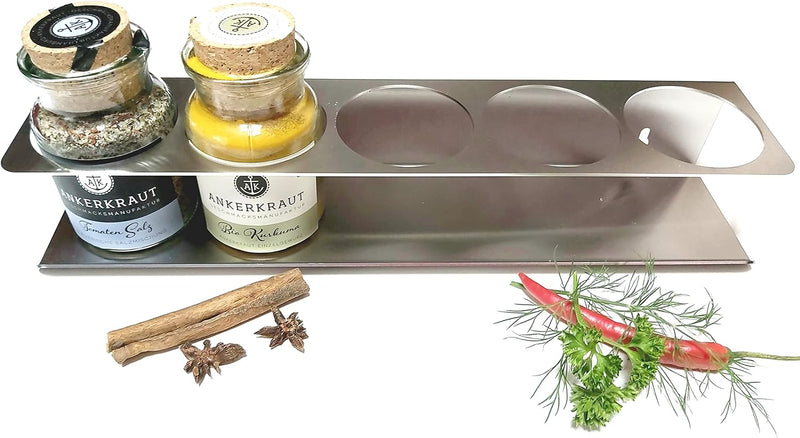 HL-Perfektion-in-Edelstahl Gewürzregal kompatibel für 5x Ankerkraut Korkengläser aus massiven Edelst