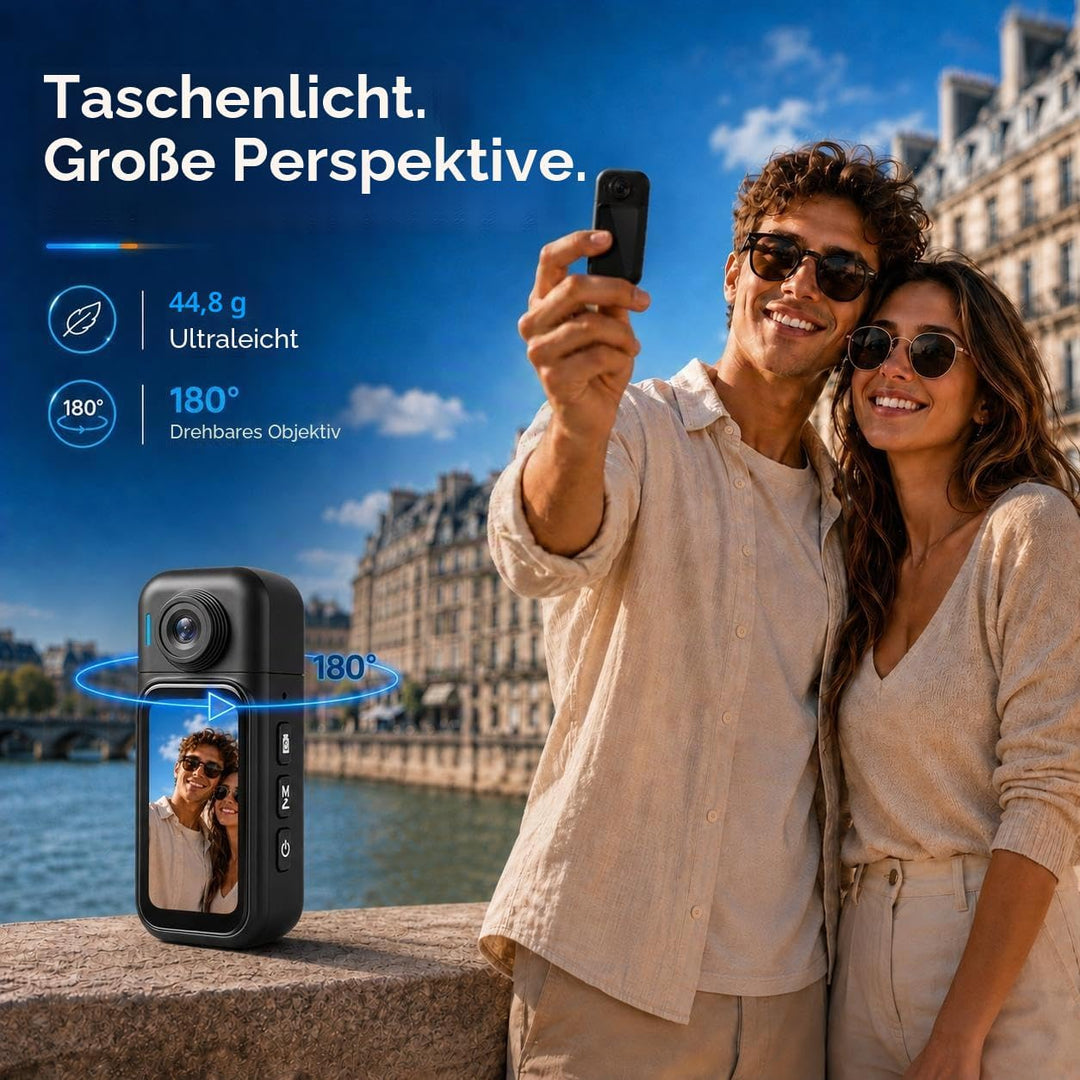 Body Camera with 180° Rotatable Lens and Water-Proof Case for Diving, WiFi Thumb-Sized Action Camera