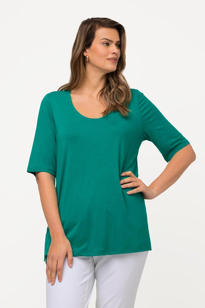 Ulla Popken Damen T-Shirt, vorne doppellagig, V-Ausschnitt, Halbarm 42-44 Grün, 42-44 Grün