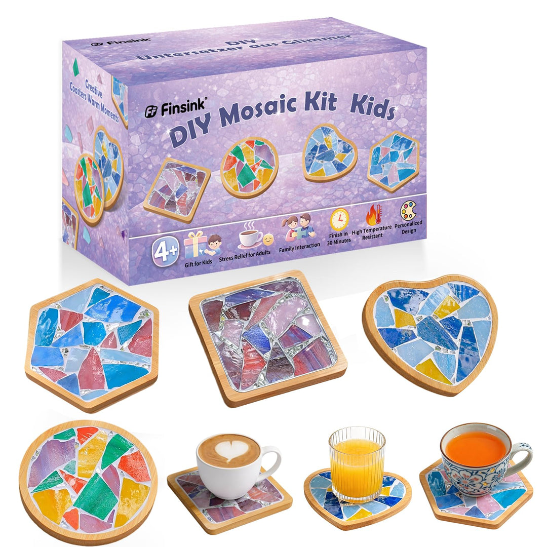 Finsink Mosaik Bastelset Kinder,4 Stück Mosaiksteine Zum Basteln und Holz Untersetzer, Mosaik Bastel