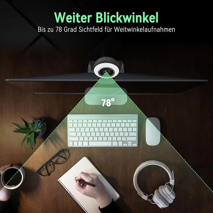 Angetube Webcam für PC, 1080P/30fps USB-Kamera mit Ringlicht, Privatschatten, Autofokus, Computer Ca